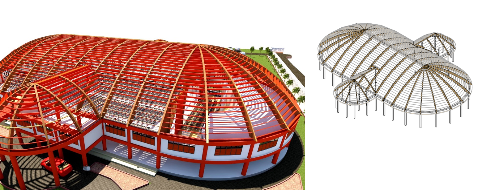 two structural renders of Tailulu College Hall in Tonga, showing the complex glue-laminated timber roof structure and concrete frame beneath, designed to house a multi-use performance and sports hall.
